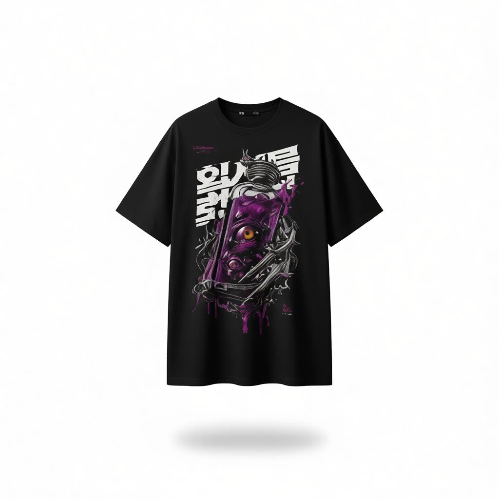 Oversized T-Shirt with Purple Bottle & Japanese Print | WEAR YOUR FASHION