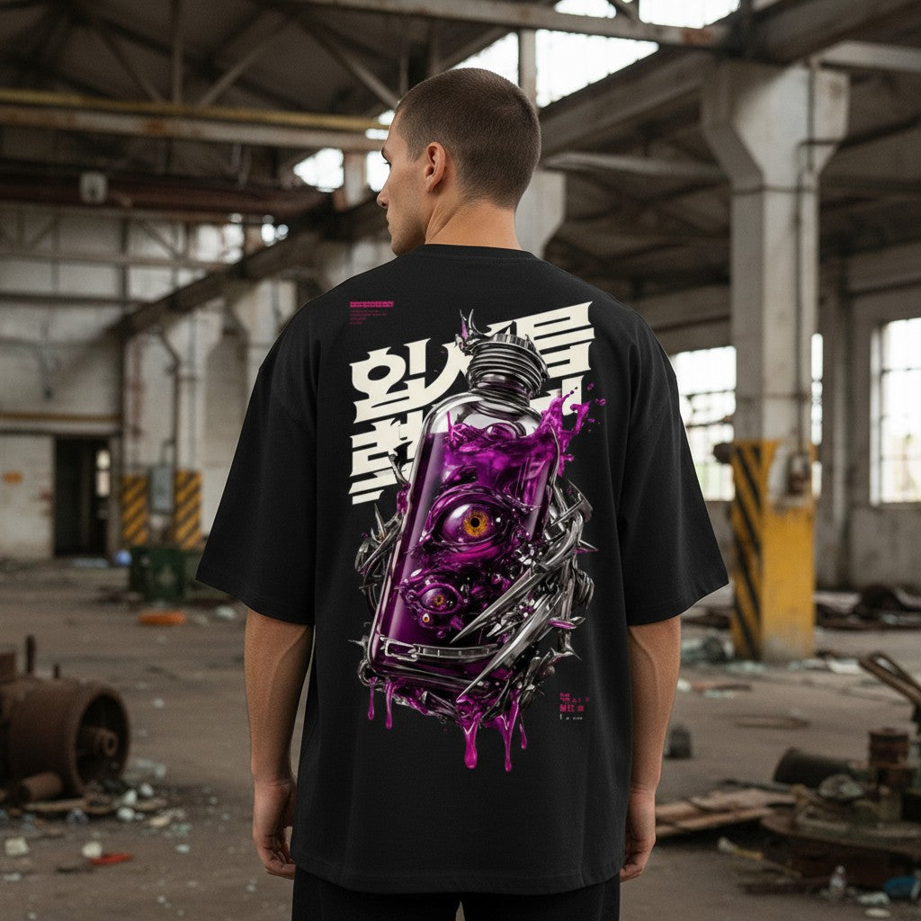 Oversized T-Shirt with Purple Bottle & Japanese Print | WEAR YOUR FASHION