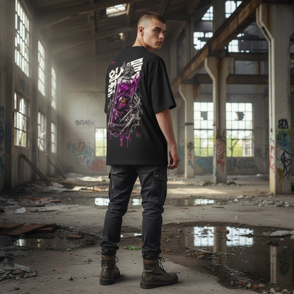 Oversized T-Shirt with Purple Bottle & Japanese Print | WEAR YOUR FASHION