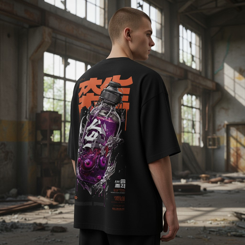 Oversized Graphic T-Shirt with Purple Bottle & Japanese Print | WEAR YOUR FASHION