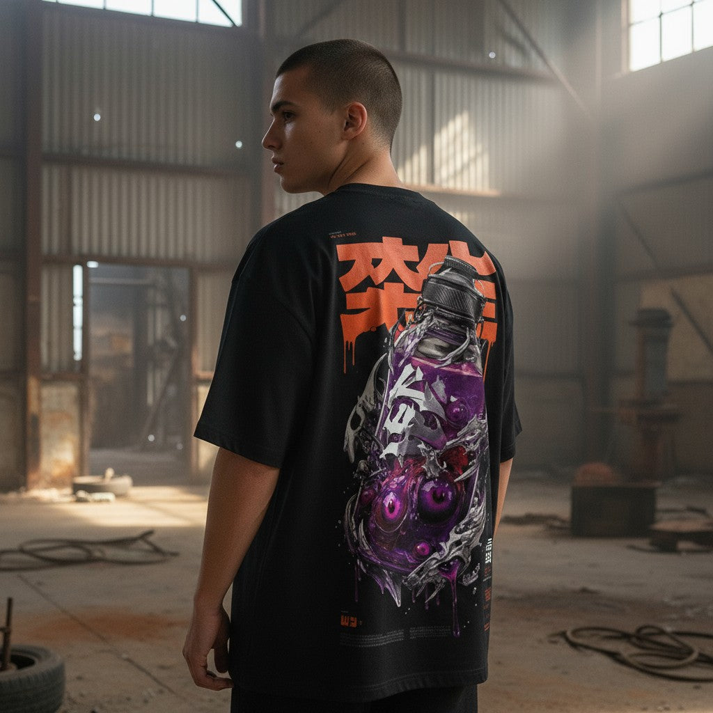 Oversized Graphic T-Shirt with Purple Bottle & Japanese Print | WEAR YOUR FASHION